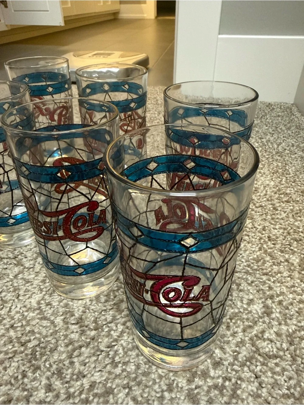 Pepsi-Cola 15 oz Drinking Glasses Set of 6 Blue Stained Glass Vintage  Tumblers